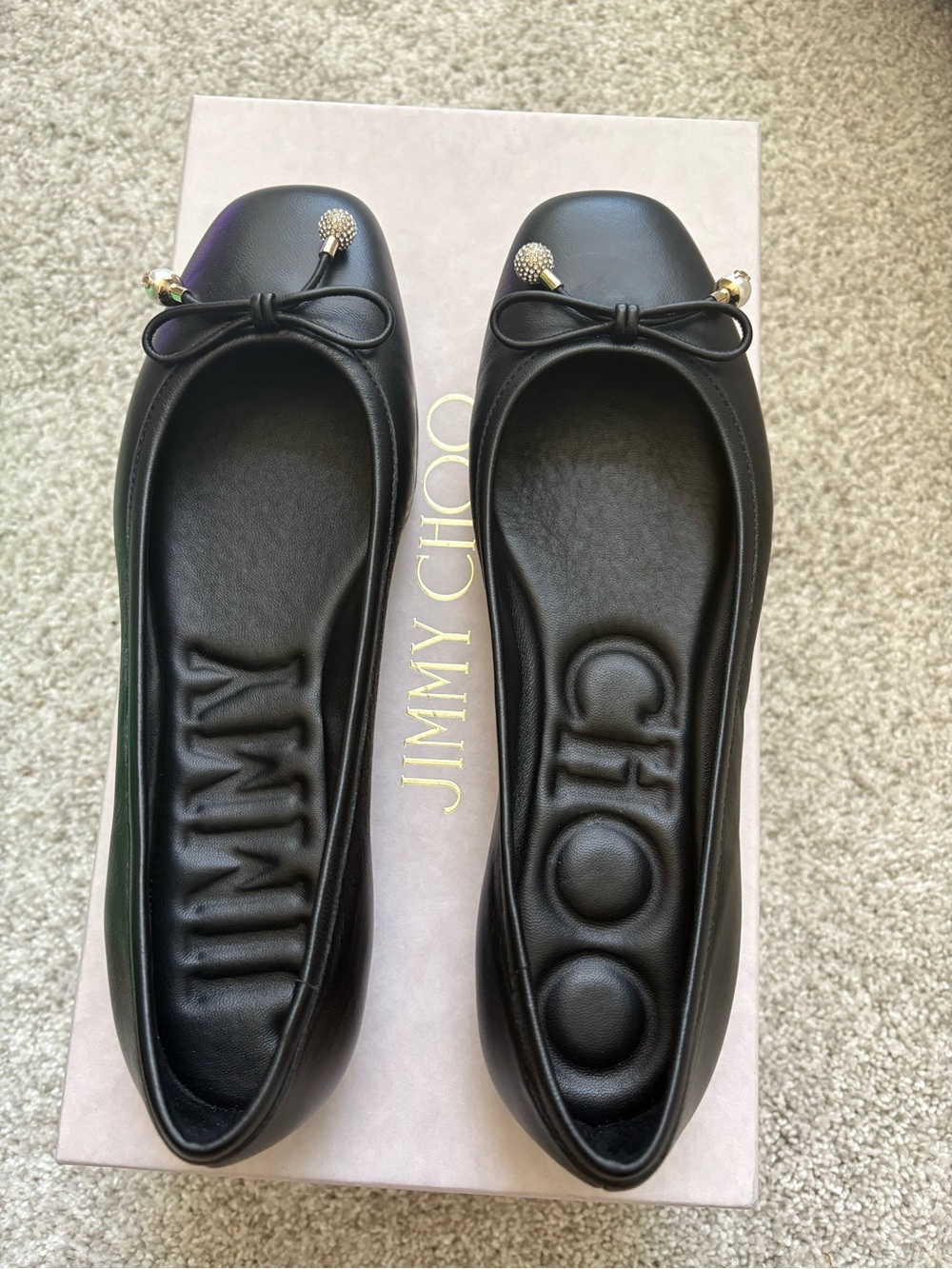 NEW IN BOX Jimmy Choo Elme Black Leather Bow Detail Ballet Flats